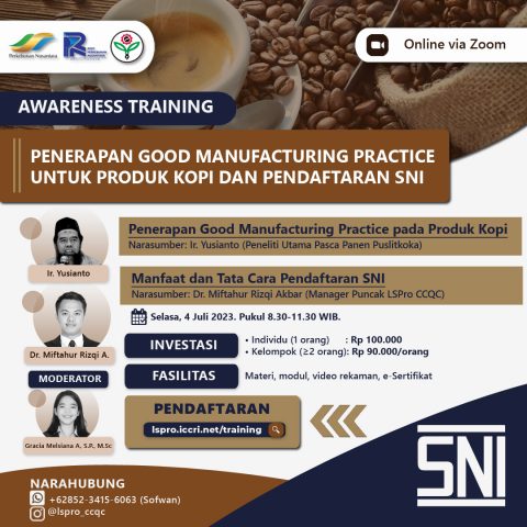 Awareness Training Penerapan Good Manufacturing Practice untuk Produk Kopi dan Pendaftaran SNI